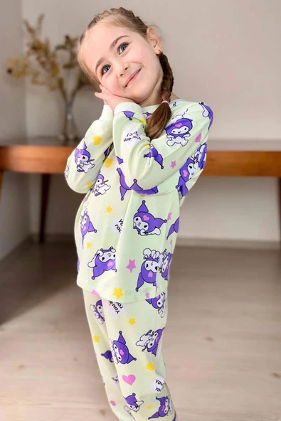 Kız Çocuk Kuromi Karakter Baskılı Açık Yeşil Pijama Takımı - 3