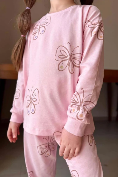Kız Çocuk Bilekleri Manşetli Kelebek Desenli Pembe Pijama Takımı - 4