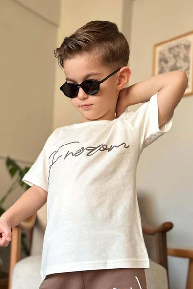 Erkek Çocuk Önü Fredoom Yazı Baskı Arkası Kartal Figürlü T-Shirt Kahverengi Eşofman Takım - 3