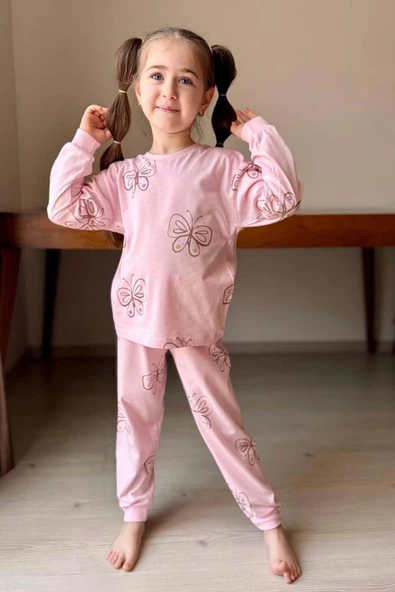 Kız Çocuk Bilekleri Manşetli Kelebek Desenli Pembe Pijama Takımı ürün görseli