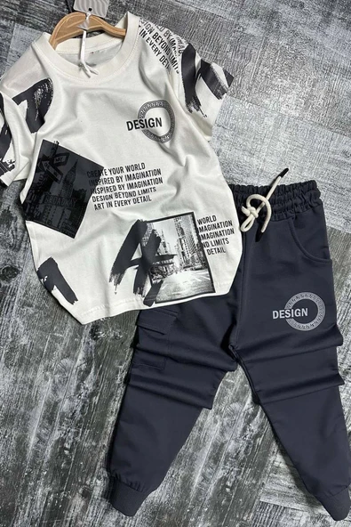 Erkek Çocuk Kargo Cepli ve Design Baskılı Siyah Eşofman Takım - Resim 4