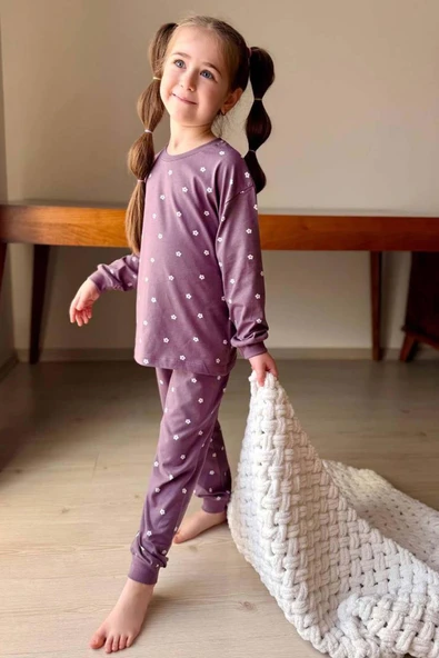 Kız Çocuk Bilekleri Manşetli Papatya Desenli Mor Pijama Takımı - 2