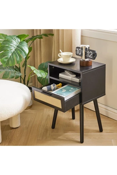 Varsthree Rattan Gece Sehpası, Çekmeceli Ve Açık Raflı Boho Sehpa, Ahşap Vurgulu Başucu Sehpası - 2