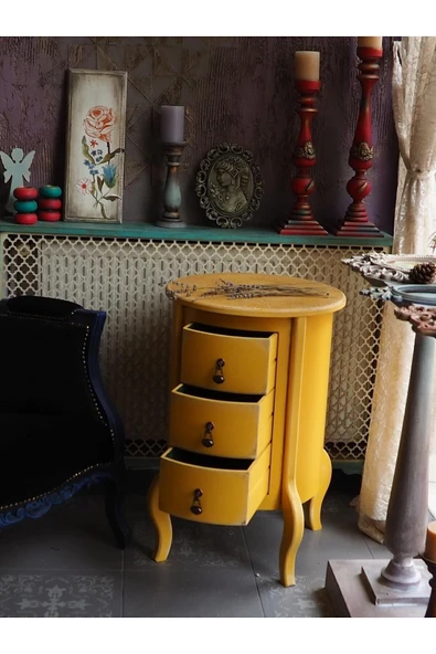 Moza Sanat 3 Çekmeceli Vintage Sarı Eskitme Komodin - 4