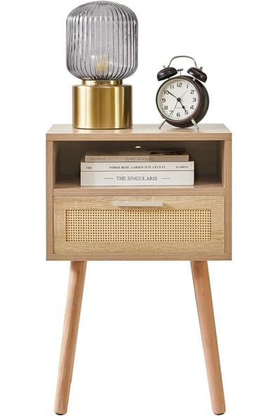 Varsthree Rattan Gece Sehpası, Çekmeceli Ve Açık Raflı Boho Sehpa, Ahşap Vurgulu Başucu Sehpası - 6