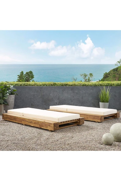 Varsthree Modern Akasya Ahşap Şezlong Ve Minder Seti Ayarlanabilir Suya Dayanıklı Kumaş 2'Li Set - 4