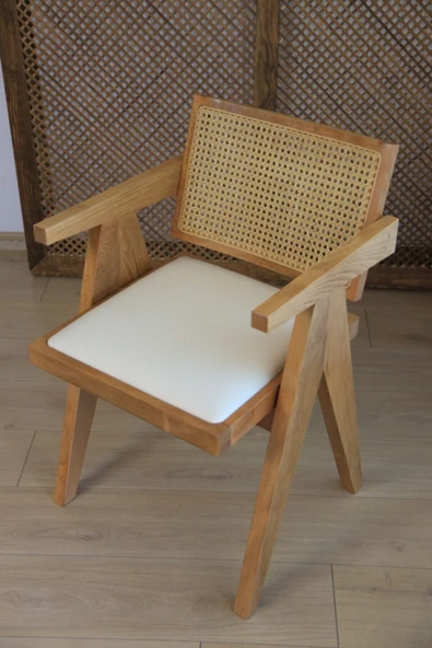 Bohemart Pera Sandalye Boho Ahşap Hasirli Doğal Hazeran Kolçaklı Elişi