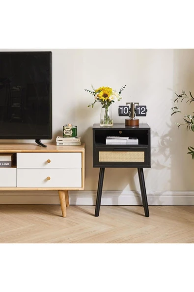 Varsthree Rattan Gece Sehpası, Çekmeceli Ve Açık Raflı Boho Sehpa, Ahşap Vurgulu Başucu Sehpası - 3