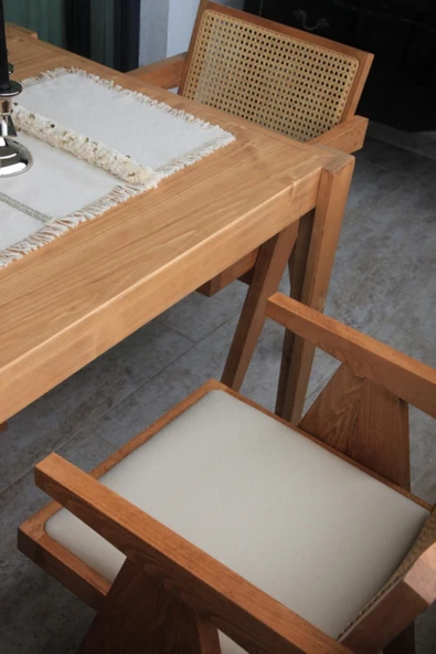 Bohemart Pera Sandalye Boho Ahşap Hasirli Doğal Hazeran Kolçaklı Elişi - 3