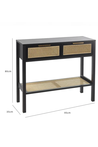 One Design Dresuar Masif Ahşap Siyah Dresuar Konsol Hasır Dresuar Konsol H80X95X35 Videolu Ürün - 3