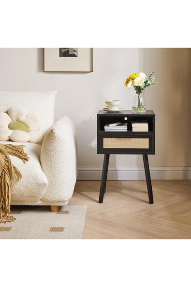Varsthree Rattan Gece Sehpası, Çekmeceli Ve Açık Raflı Boho Sehpa, Ahşap Vurgulu Başucu Sehpası - 4
