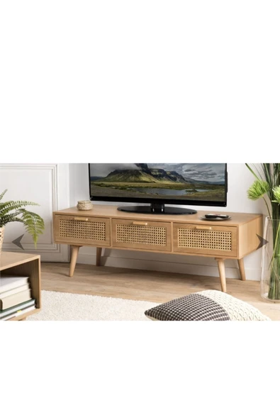 Gahoo Mobilya Ahşap Doğal Hazeranlı Üç Çekmeceli Ayaklı Modern Tv Ünitesi