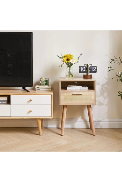 Varsthree Rattan Gece Sehpası, Çekmeceli Ve Açık Raflı Boho Sehpa, Ahşap Vurgulu Başucu Sehpası - 3