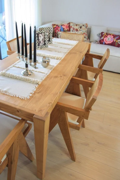 Bohemart Pera Sandalye Boho Ahşap Hasirli Doğal Hazeran Kolçaklı Elişi - 4
