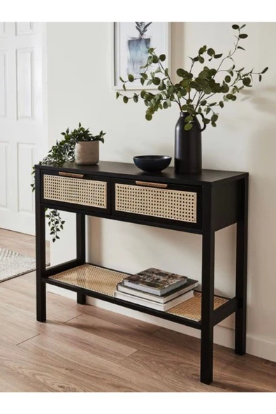 One Design Dresuar Masif Ahşap Siyah Dresuar Konsol Hasır Dresuar Konsol H80X95X35 Videolu Ürün - 2