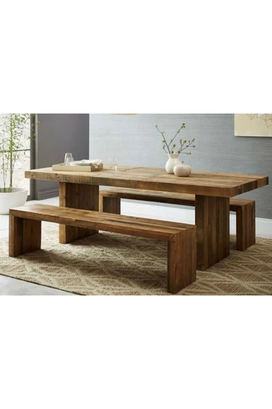 WOODYCLASS Aludra 180 Doğal Masif Ahşap Masa ve 2 adet Bench-Yemek-Ofis-Salon-Çam-Kütük-Ceviz-Toplantı