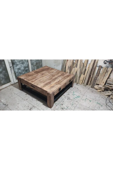 BALIKESİR ADA SANAT 90x90cm cm Ahşap Eskitme Country Orta Sehpa Retro - 2