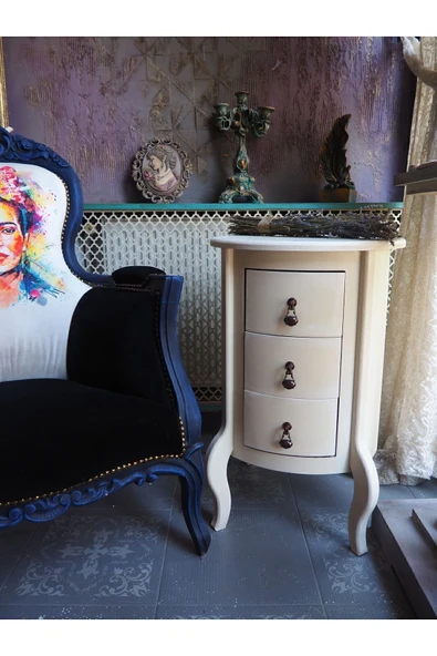 Moza Sanat Krem Eskitme 3 Çekmeceli Ahşap Vintage Komodin - 2
