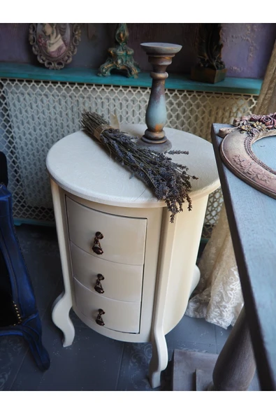 Moza Sanat Krem Eskitme 3 Çekmeceli Ahşap Vintage Komodin - 5