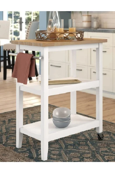 Robin Wood Tekerlekli Servis Sunum Arabası Mutfak Adası Ceviz Masa Rolling Kitchen Cart - 2