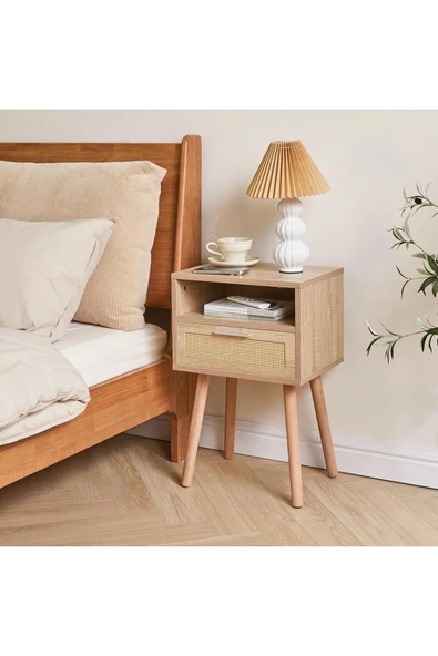 Varsthree Rattan Gece Sehpası, Çekmeceli Ve Açık Raflı Boho Sehpa, Ahşap Vurgulu Başucu Sehpası - 5