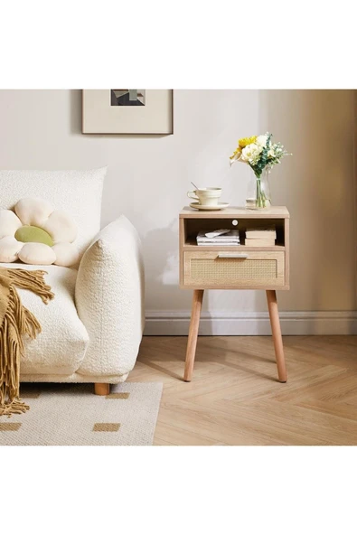 Varsthree Rattan Gece Sehpası, Çekmeceli Ve Açık Raflı Boho Sehpa, Ahşap Vurgulu Başucu Sehpası - 4