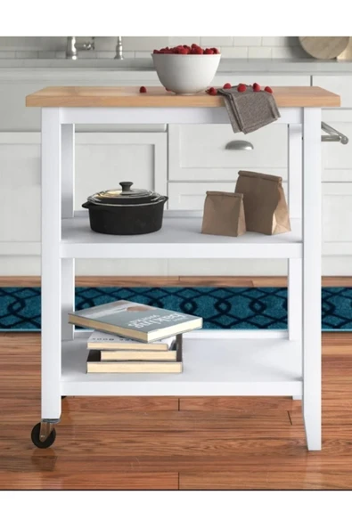 Robin Wood Tekerlekli Servis Sunum Arabası Mutfak Adası Ceviz Masa Rolling Kitchen Cart