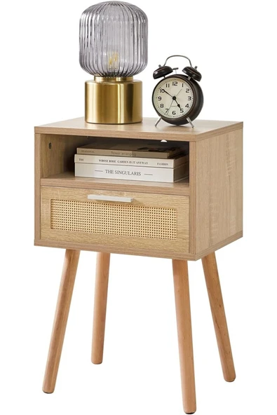 Varsthree Rattan Gece Sehpası, Çekmeceli Ve Açık Raflı Boho Sehpa, Ahşap Vurgulu Başucu Sehpası