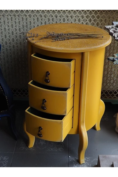 Moza Sanat 3 Çekmeceli Vintage Sarı Eskitme Komodin - 5