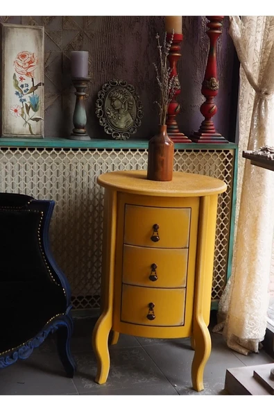 Moza Sanat 3 Çekmeceli Vintage Sarı Eskitme Komodin - 3