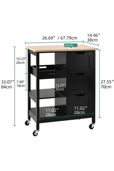 Varsthree 3 Çekmeceli Ve 3 Depolama Raflı Tekerlekli Modern Mutfak Arabası - Resim 3