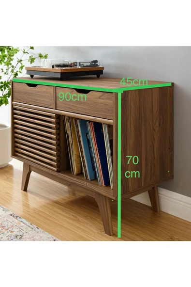 One Design Ahşap Konsol Pikap Dolabı Sürgülü Kapaklı Konsol Dresuar Plak Dolabı - Resim 3