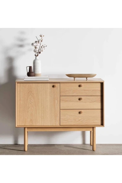 One Design Ahşap Konsol 105Cm Kapaklı Raflı Ve 3 Çekmeceli Konsol