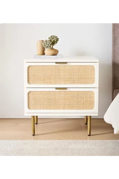 One Design Masif Ahşap Komodin Hasır Çekmeceli Komodin Beyaz Sehpa Beyaz Mobilya ürün görseli