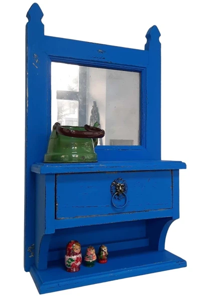 Vintage House Ahşap Vintage Duvar Dekoru, Eskitme Aynalı Dolap, Rustik Çekmeceli Ayna Çerçevesi, Retro Dresuar ürün görseli