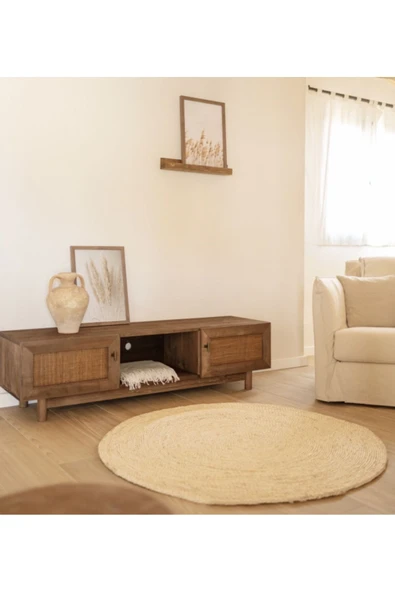 One Design Masif Ahşap Tv Ünitesi Konsolu Hasır Kapaklı Ceviz Renk 150Cm - 1