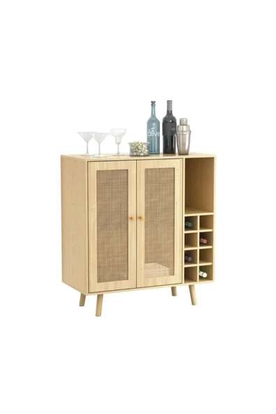 2K Wood Design Ahşap Bar Dolabı Kapaklar Jüt Kumaş Detaylı - 2