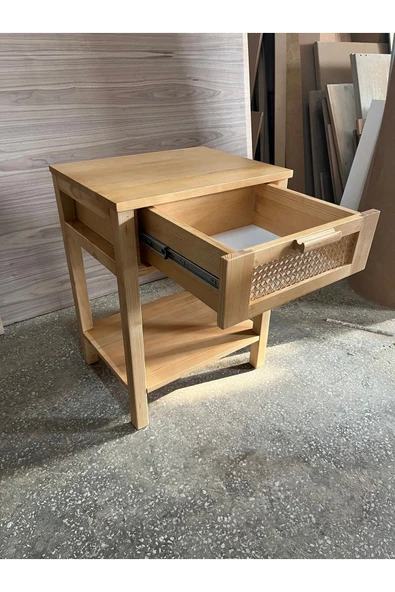 One Design Ahşap Sehpa Yan Sehpa Hasır Tek Çekmeceli Sehpa - 4