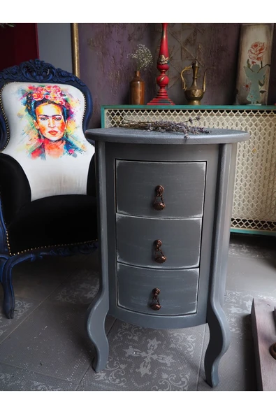 Moza Sanat Gri  Eskitme 3 Çekmeceli Vintage Komodin - 6