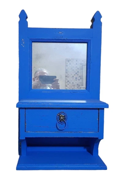 Vintage House Ahşap Vintage Duvar Dekoru, Eskitme Aynalı Dolap, Rustik Çekmeceli Ayna Çerçevesi, Retro Dresuar - 3