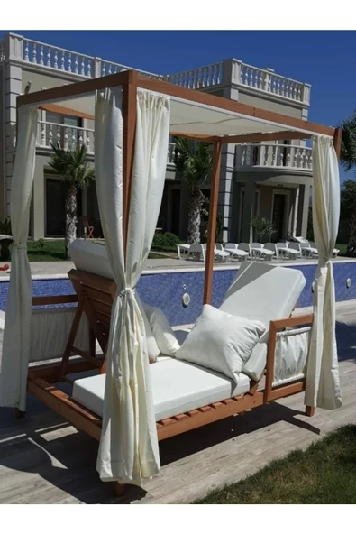 Buğlem Lüks Sağlam Dış Mekan Bahçe Yatağı Bahçe Şezlong 10Cm Sert Sünger Keten Kumaş Perde