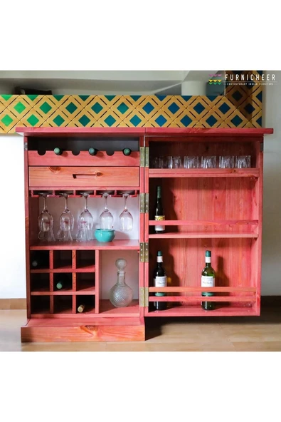 Mywoodteks Ahşap Pembe Bar Dolabı Alkol Dolabı Içki Dolabı Çok Amaçlı Dolap - 3