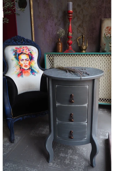 Moza Sanat Gri  Eskitme 3 Çekmeceli Vintage Komodin - 7