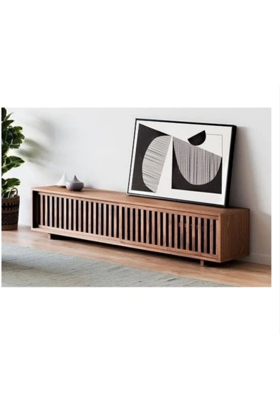 2K Wood Design Ahşap Izgaralı Sürgü Kapak Tv Ünitesi - Resim 2