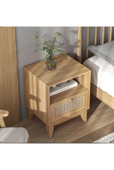 One Design Masif Ahşap Komodin&Yan Sehpa Hazeran Çekmeceli Raflı Komodin 2 Adet - Resim 2