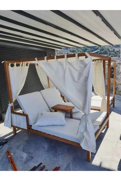 Buğlem Lüks Sağlam Dış Mekan Bahçe Yatağı 150X200 Bahçe Şezlong Sehpalı 10Cm Sert Sünger Keten Kumaş Perde - 3