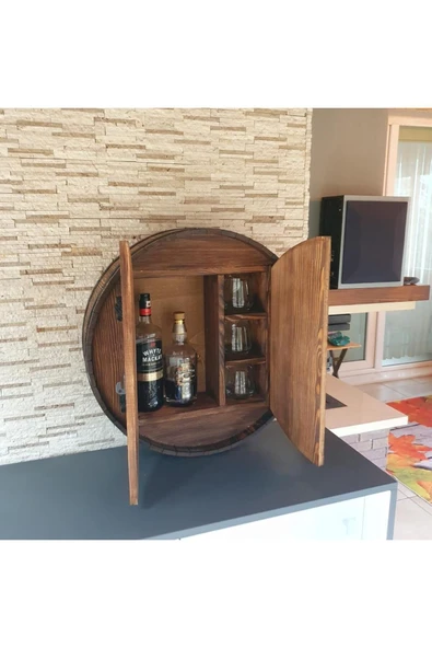 Veraart El Yapımı Yuvarlak Eskitme Ahşap Içki Viski Dolabı - 7