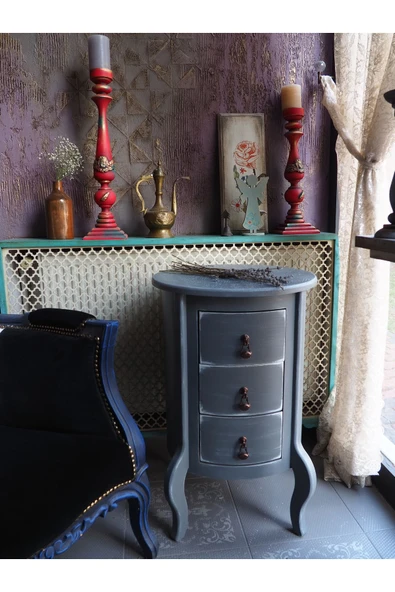 Moza Sanat Gri  Eskitme 3 Çekmeceli Vintage Komodin - 2