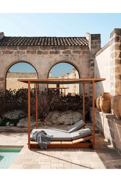 Passion UCTOS    2 Kişilik Ahşap Dekoratif Şezlong Dış Mekan Perdeli Havuz Başı Çatılı Daybed Şezlong - 2