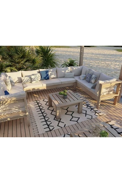 ODUNS Begonya Bahçe Balkon Teras Ahşap Köşe Koltuk Takımı - 2